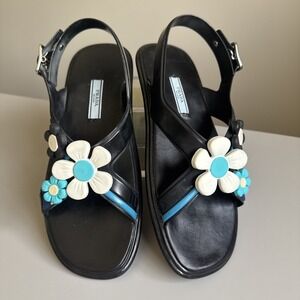 PRADA Floral Daisy appliquéd black Rubber sandals Blue White Womens 37.5